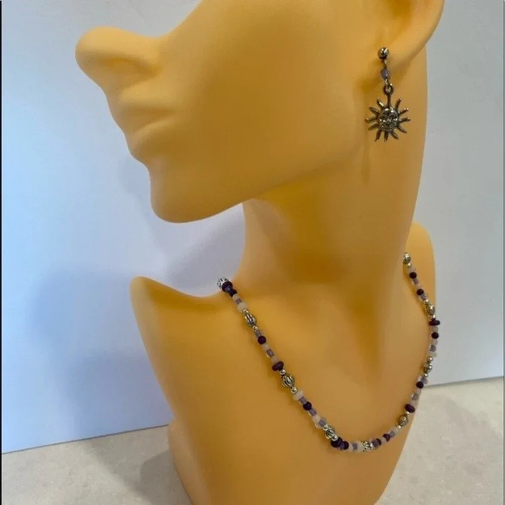 Necklace & Earrings set! Blue, clear & silver beads with silver Sun earrings.
